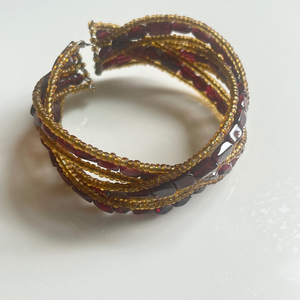 Ruby and Gold Color Beaded Cuff Bracelet